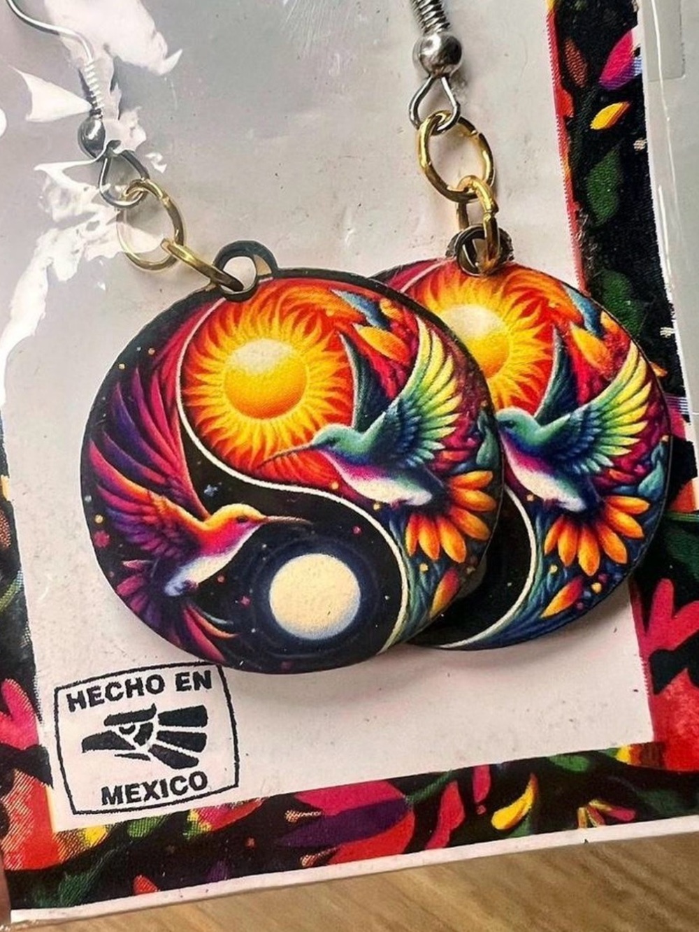 Handmade Mexican Hummingbird Wood Dangle‎ Earrings Boho Artisan Jewelry - Picture 3 of 3
